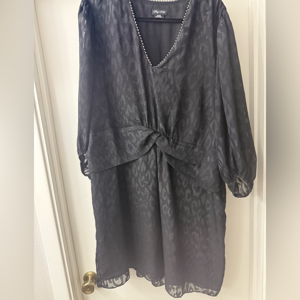 City Chic Black Textured Dress with Beaded Trim